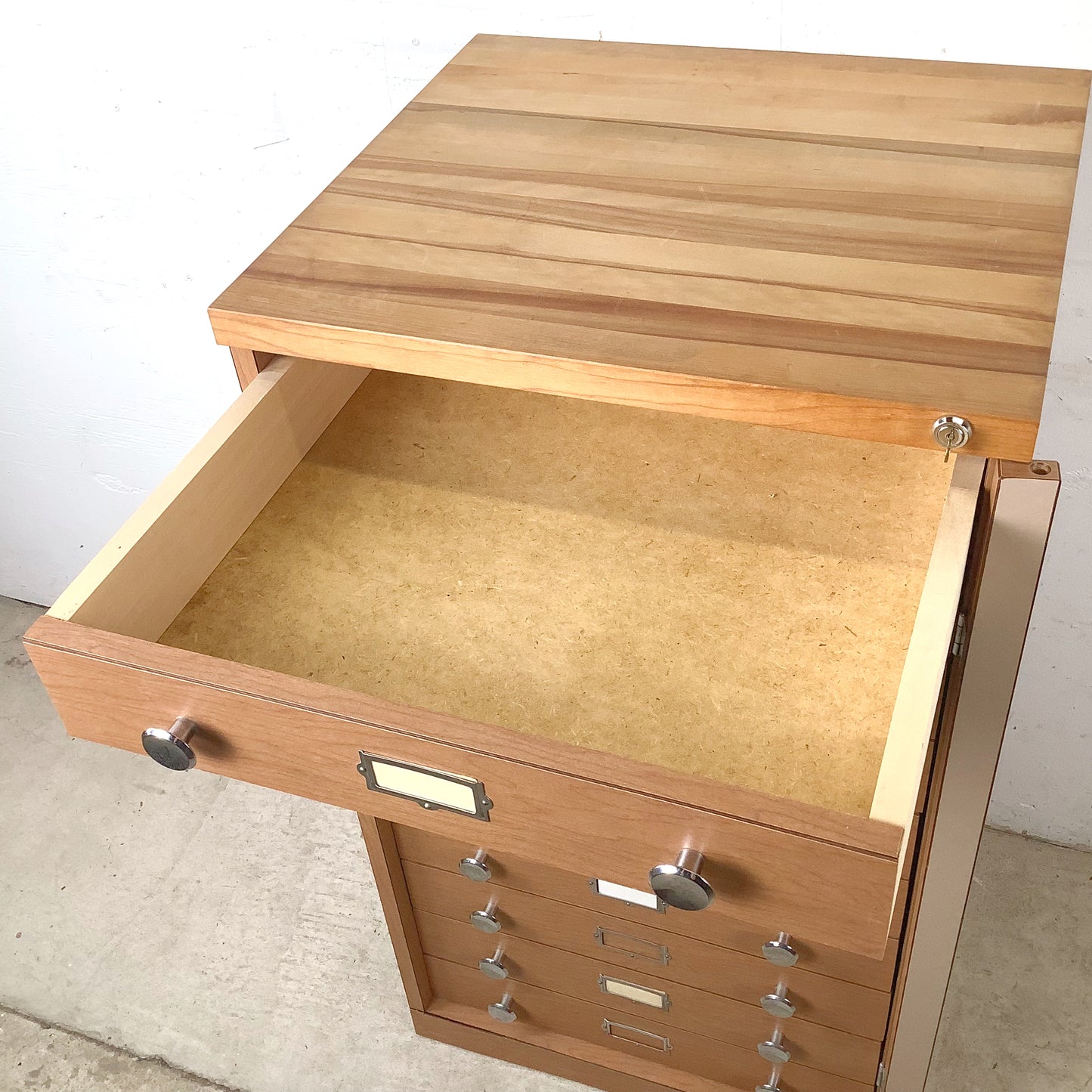 Ten-Drawer Museum Specimen Cabinet | Butcher Block Top | Felt-Lined Drawers