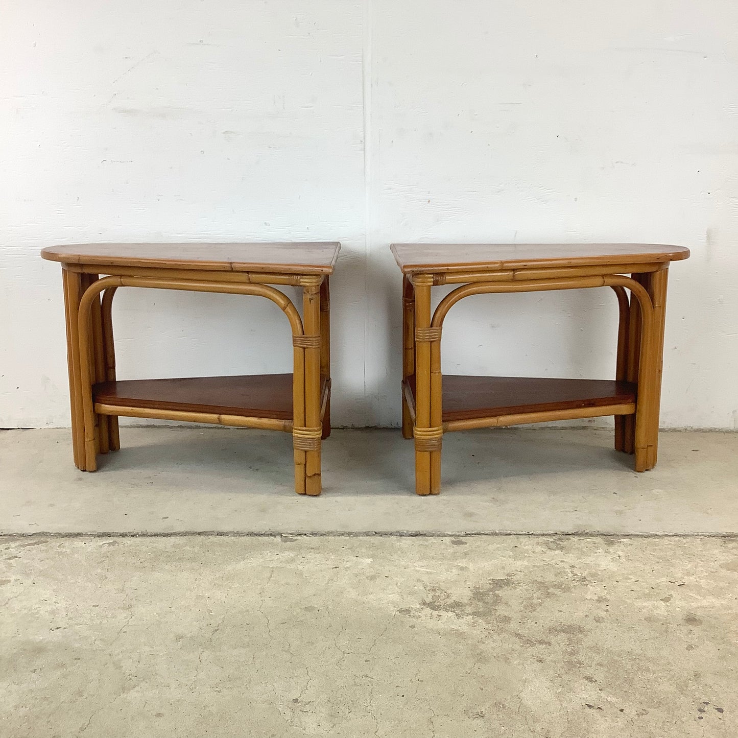 Pair Paul Frankl Style Rattan Wedge End Tables