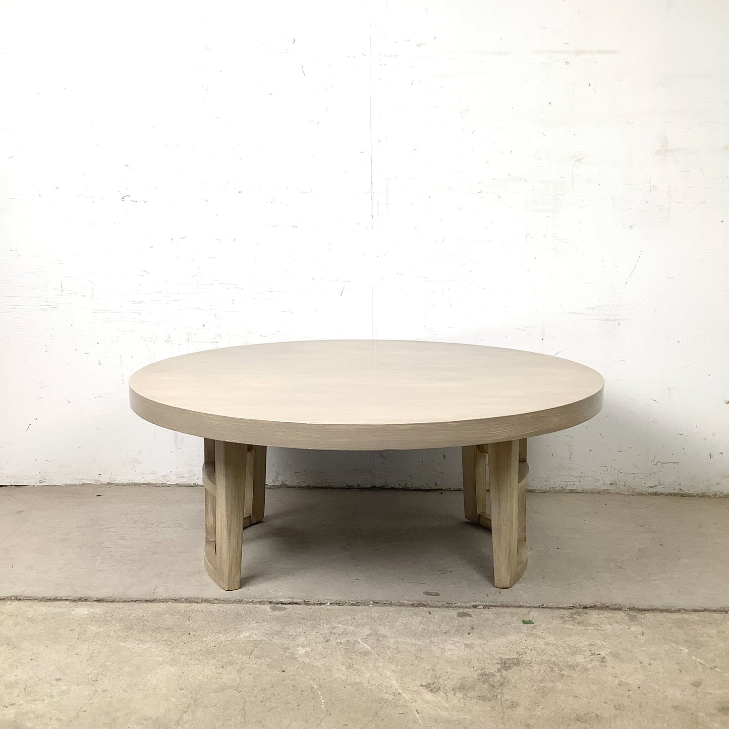 Vintage Round Low Coffee Table | Cerused Finish | Arch Form Base | Circular Stretcher