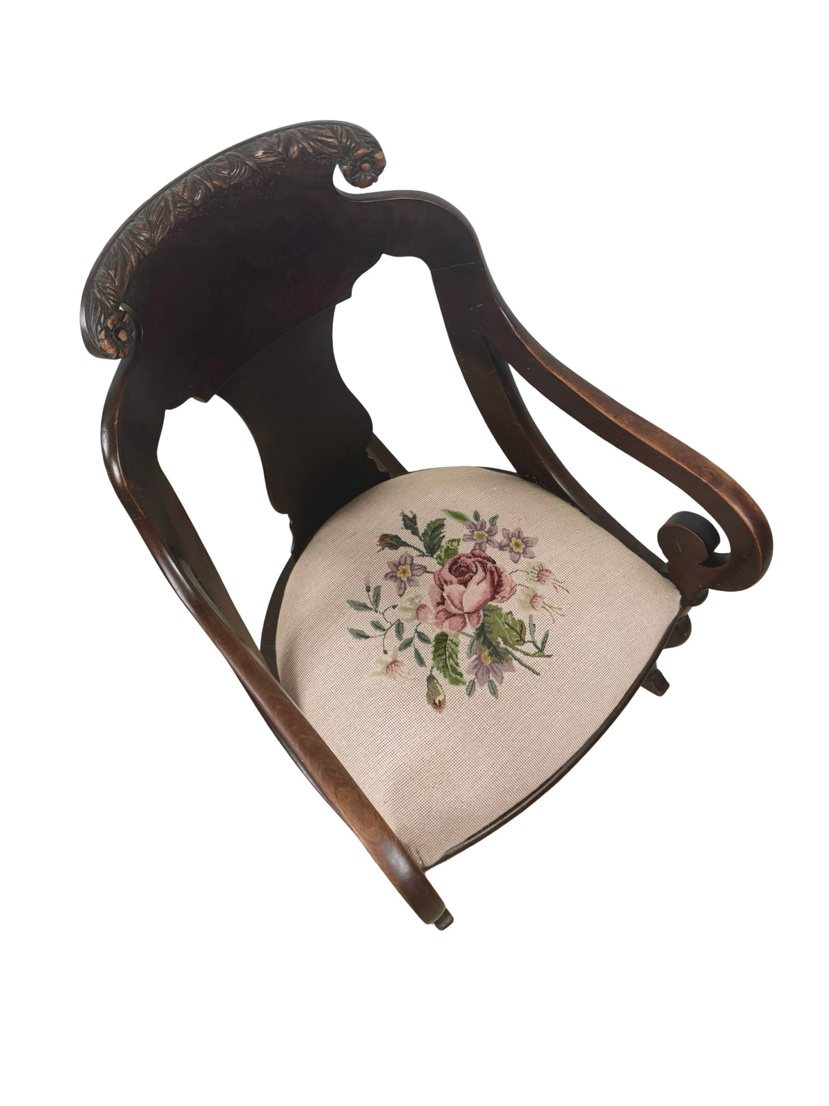 Antique American Classical Carved Wood Rocking Chair with Floral Needlepoint Seat
