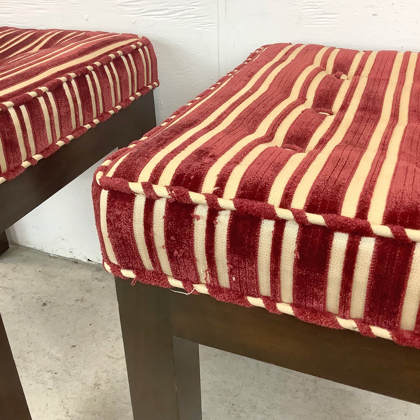 Pair of Vintage Mid-Century Tufted Footstools with Striped Fabric