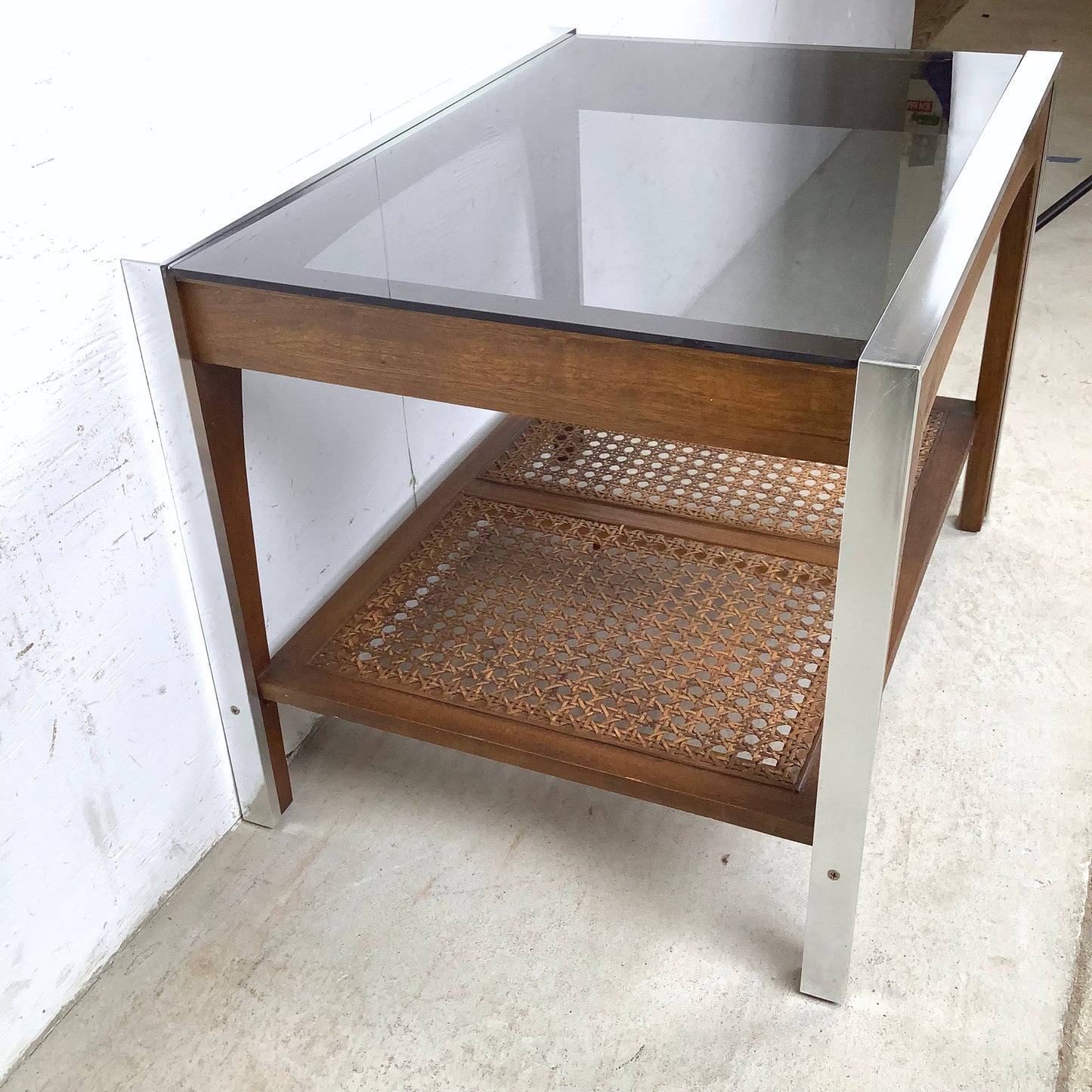 Lane Mid-Century End Table with Smoked Glass, Cane, and Wood Frame