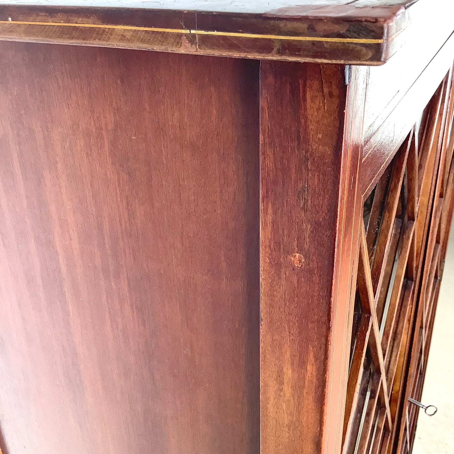 Edwardian Revival Mahogany Diamond Lattice Glazed Bookcase | Satinwood Inlay | Brass Casters