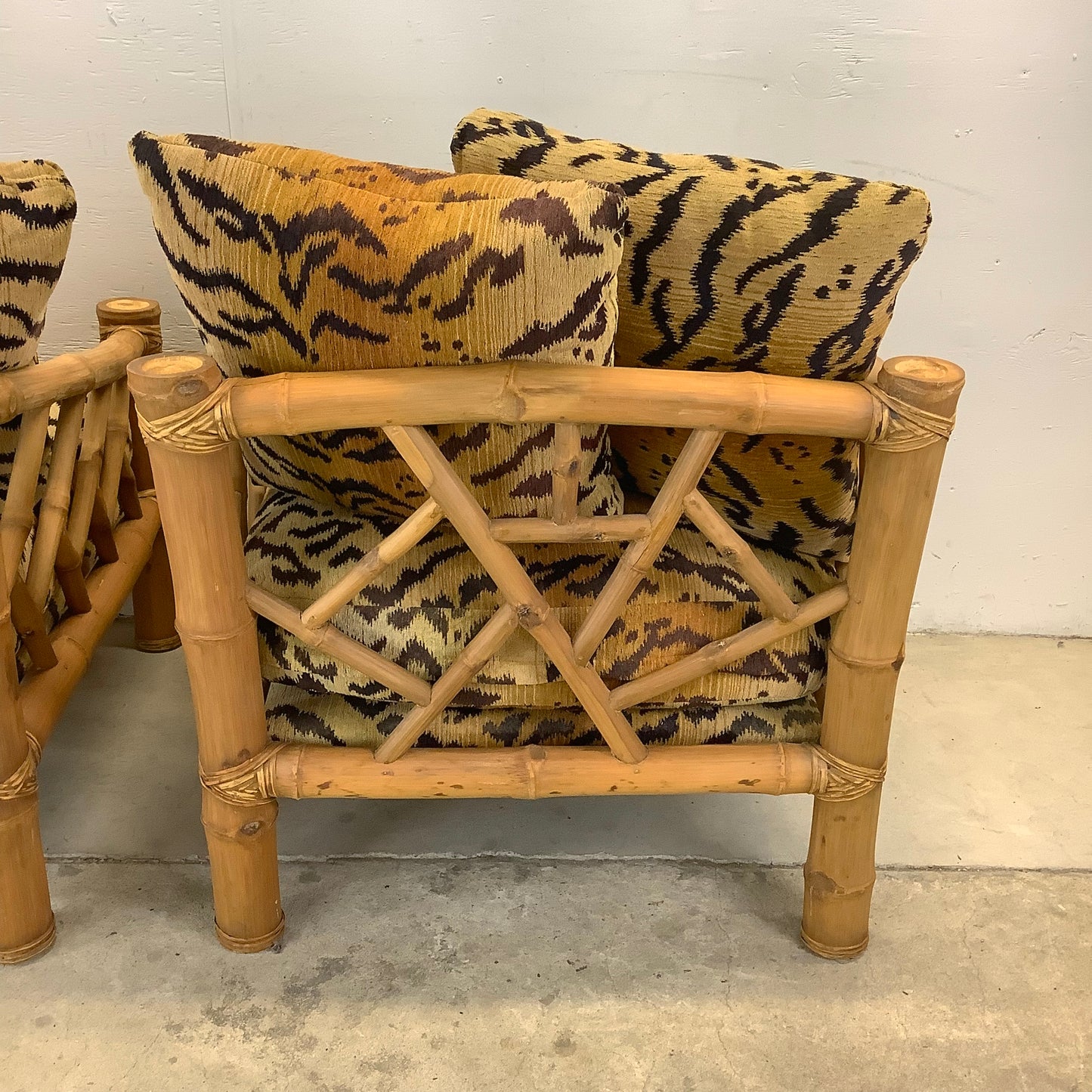 Vintage Bamboo Armchairs & Ottoman in Tiger Print