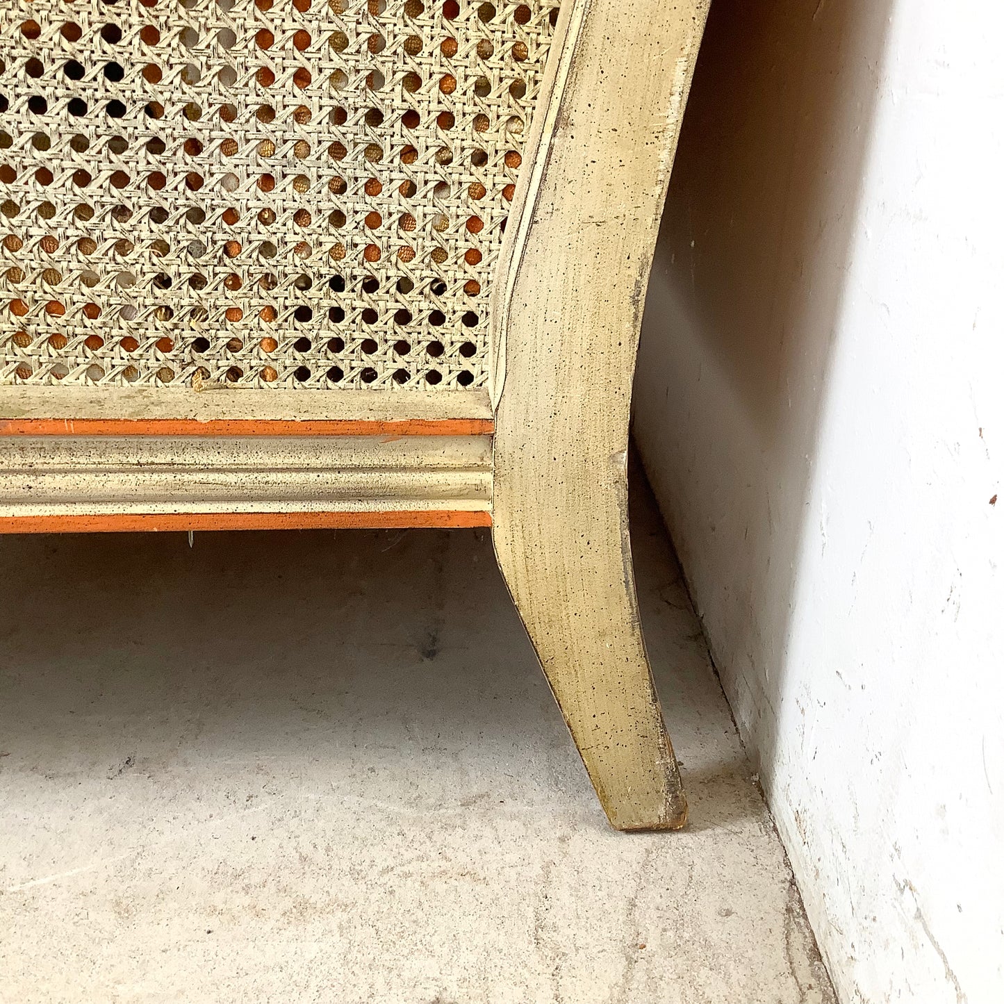 French Louis XVI Style Cane Settee With Elegant Striped Upholstery