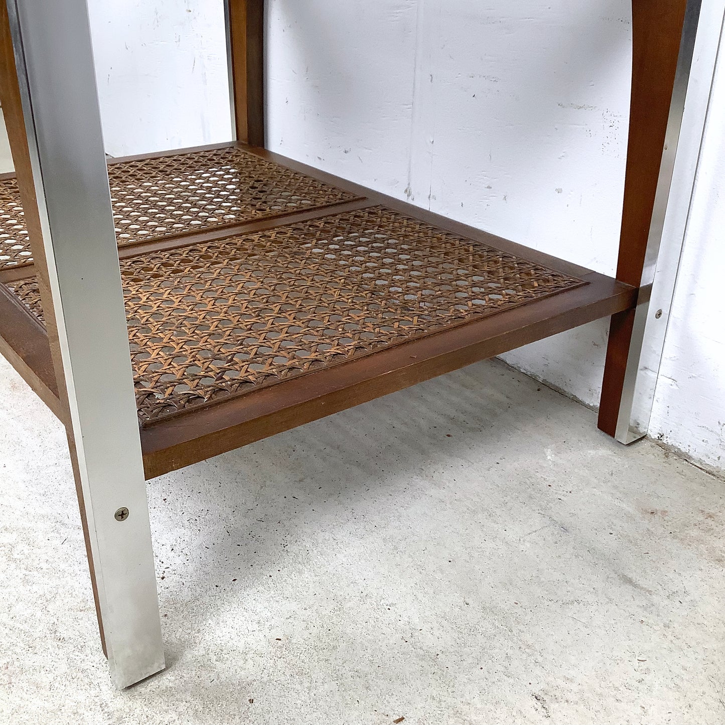Lane Mid-Century End Table with Smoked Glass, Cane, and Wood Frame