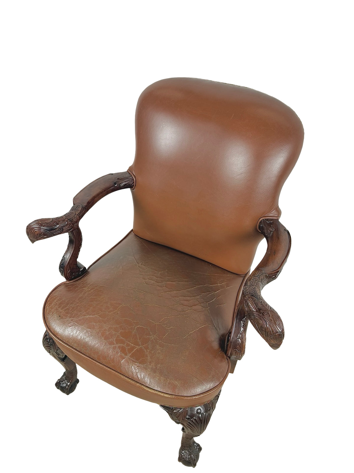 Vintage Maitland-Smith Carved Wood & Brown Leather Armchair