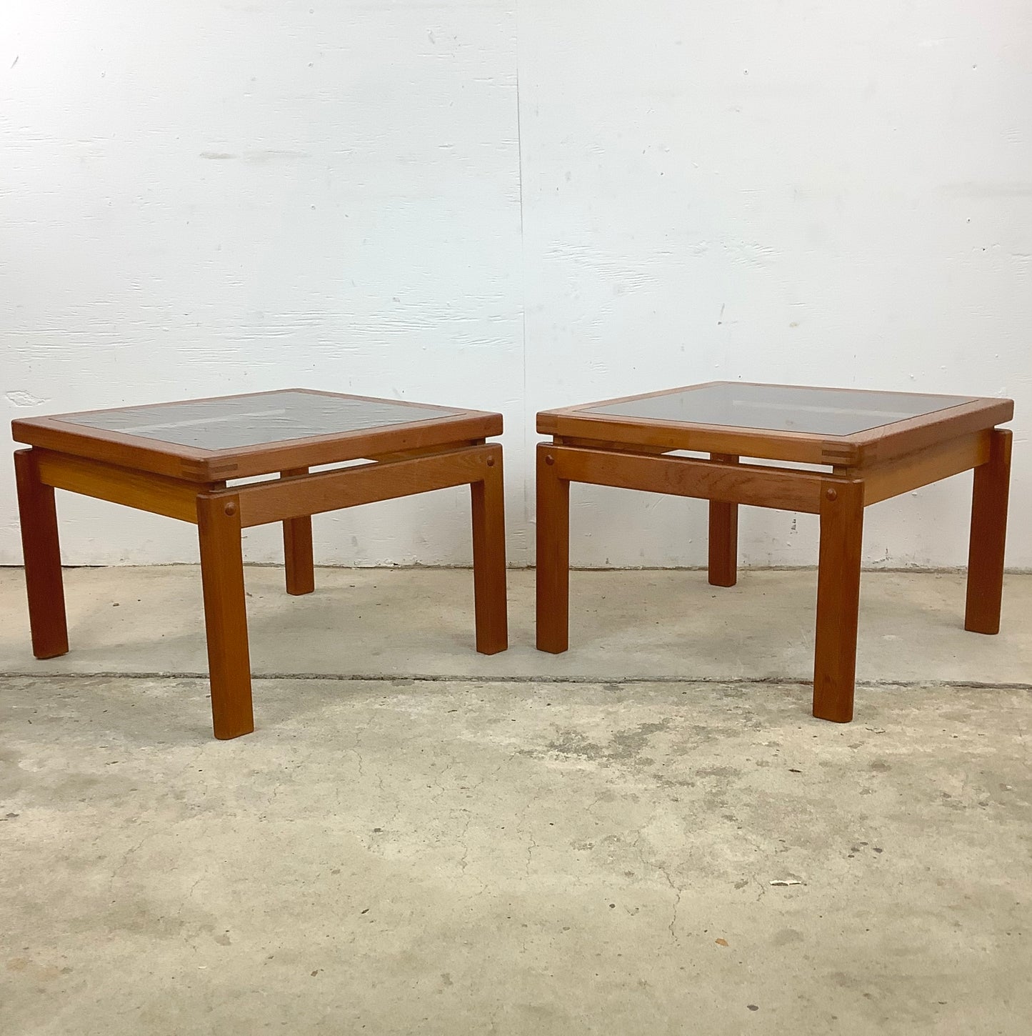 Danish Modern Teak End Tables With Smoked Glass- Pair