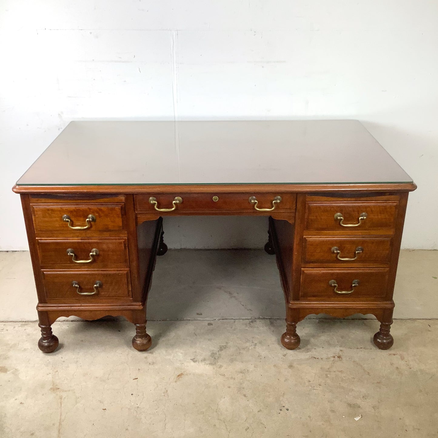 Antique Queen Anne Revival Kneehole Pedestal Desk | Burl Walnut | Brass Bail Pulls | Bun Feet |c. 20th C