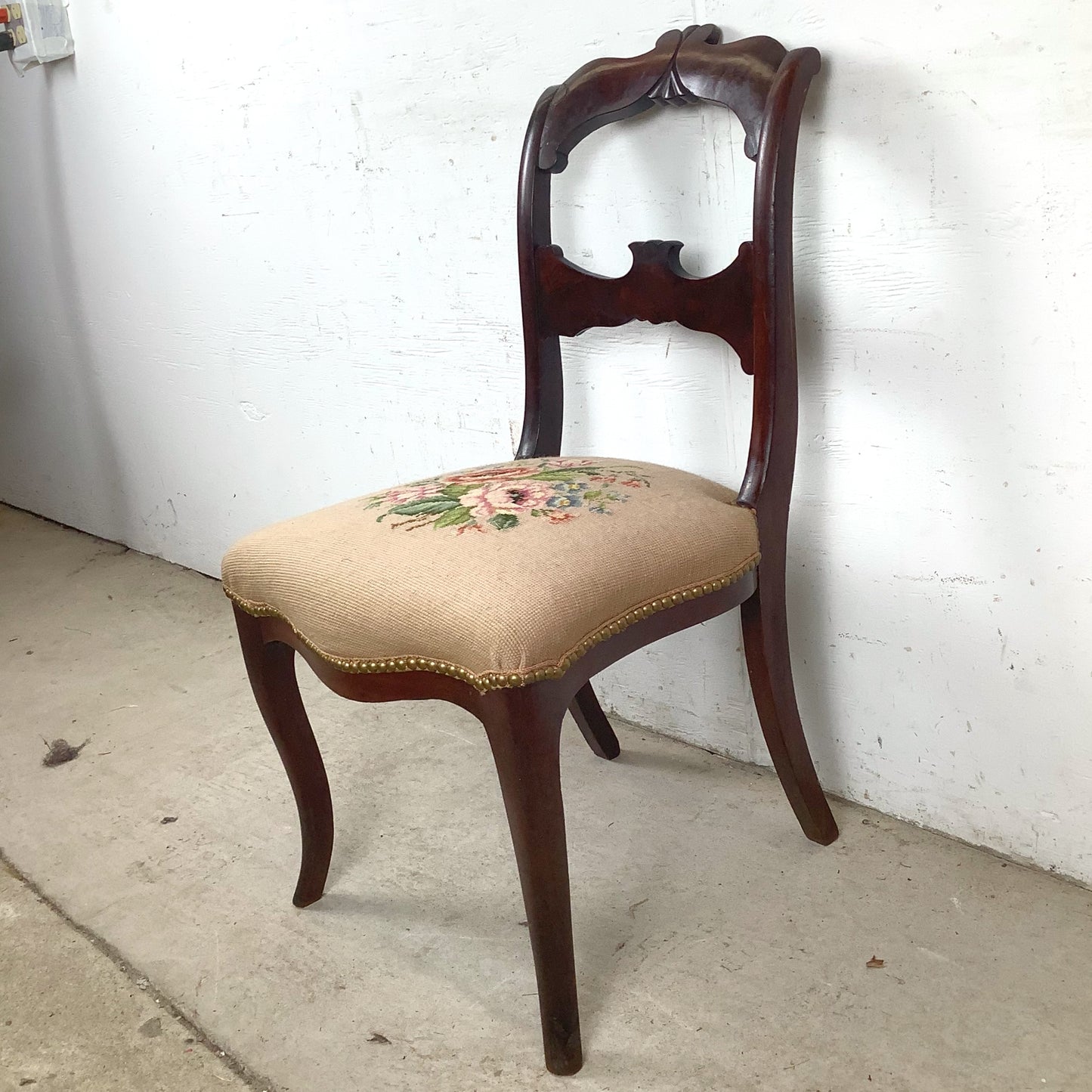  Vintage Chippendale Style Mahogany Side Chair with Floral Needlepoint Upholstered Seat
