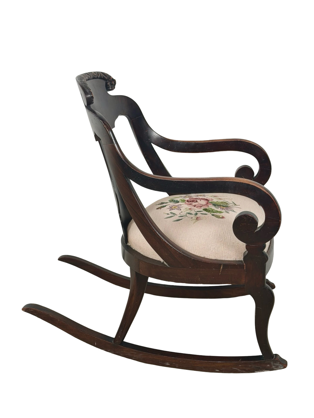 Antique American Classical Carved Wood Rocking Chair with Floral Needlepoint Seat