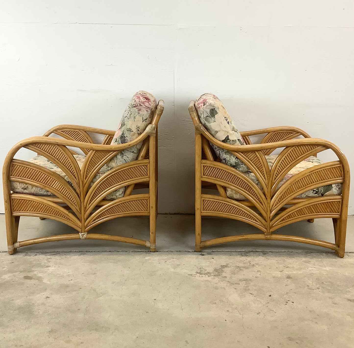 Pair Vintage Coastal Rattan Lounge Chairs