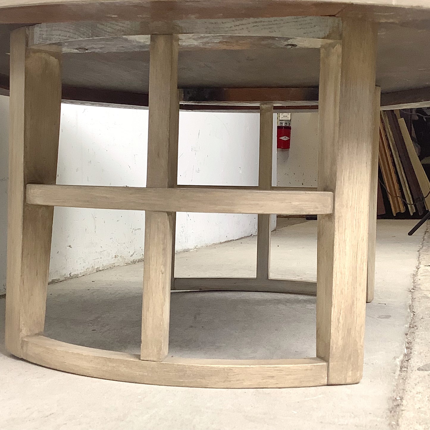 Vintage Round Low Coffee Table | Cerused Finish | Arch Form Base | Circular Stretcher