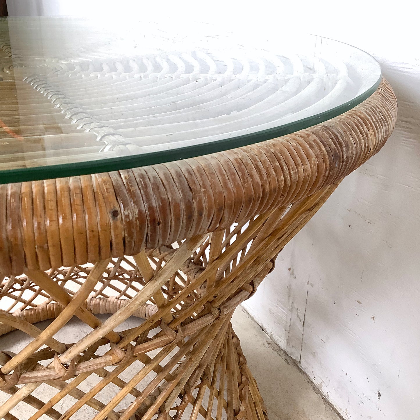 Vintage Wicker Drum Table With Glass Top