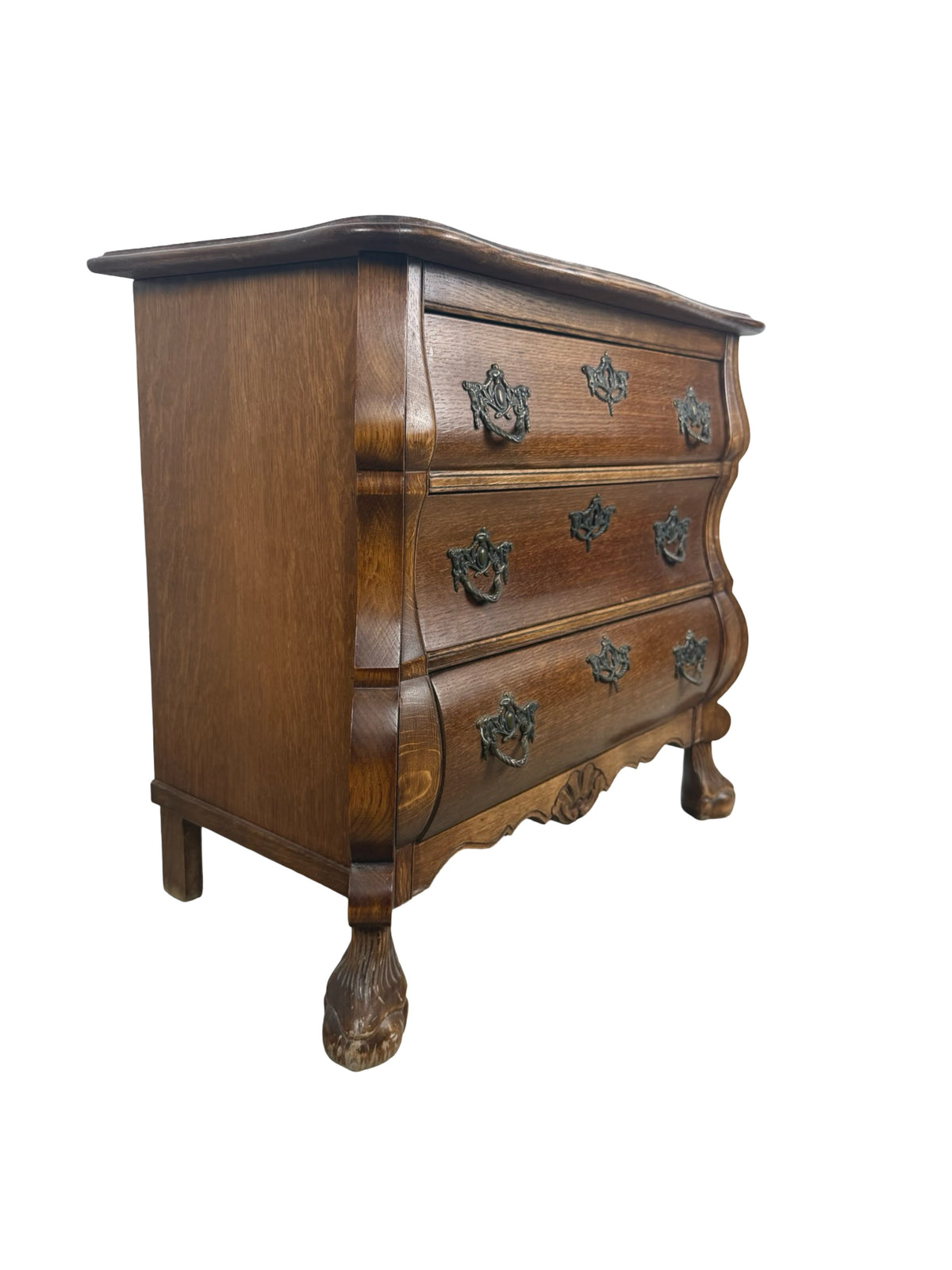 Vintage Dutch Baroque Revival Oak Bombé Three-Drawer Chest with Paw Feet