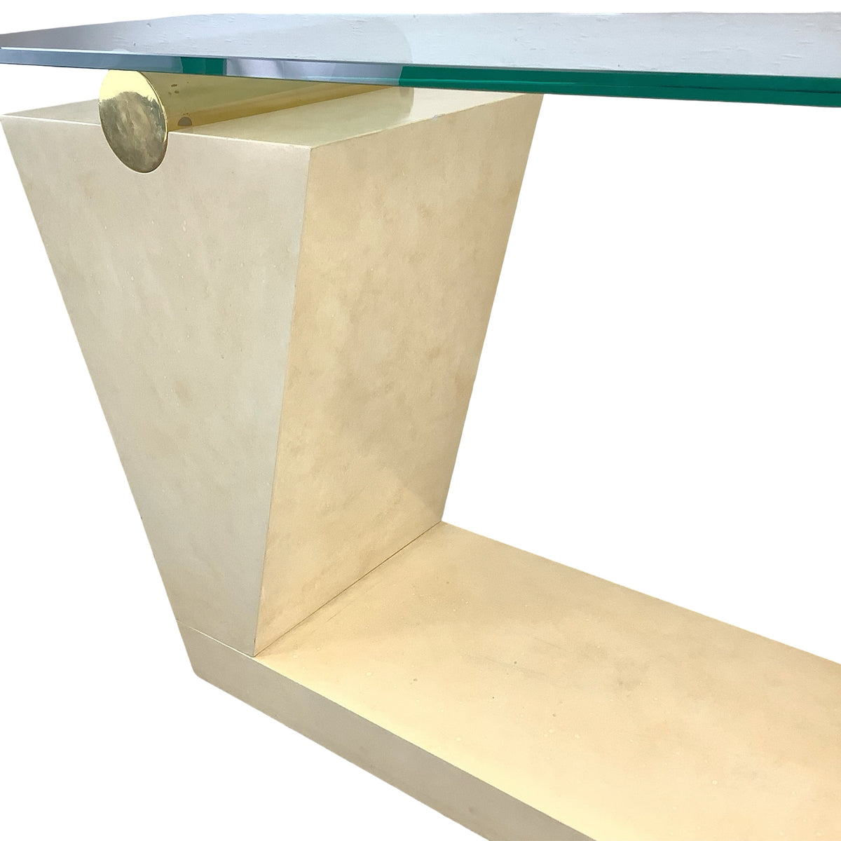 Vintage Modern Parchment-Style Console Table with Glass Top and Brass Accents