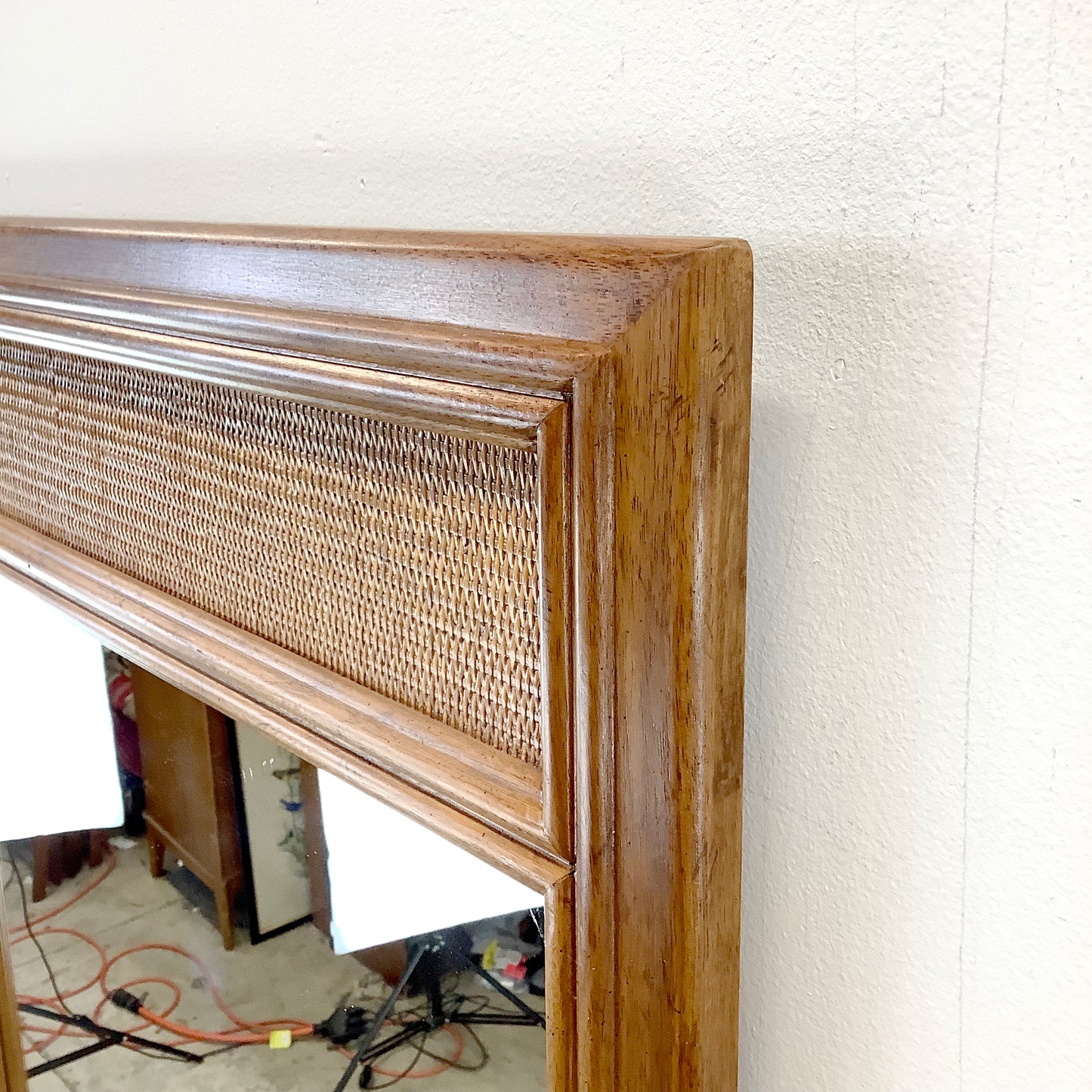 Vintage Modern Oak & Rattan Wall Mirror