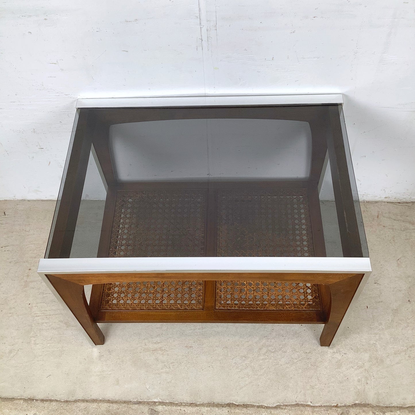 Lane Mid-Century End Table with Smoked Glass, Cane, and Wood Frame