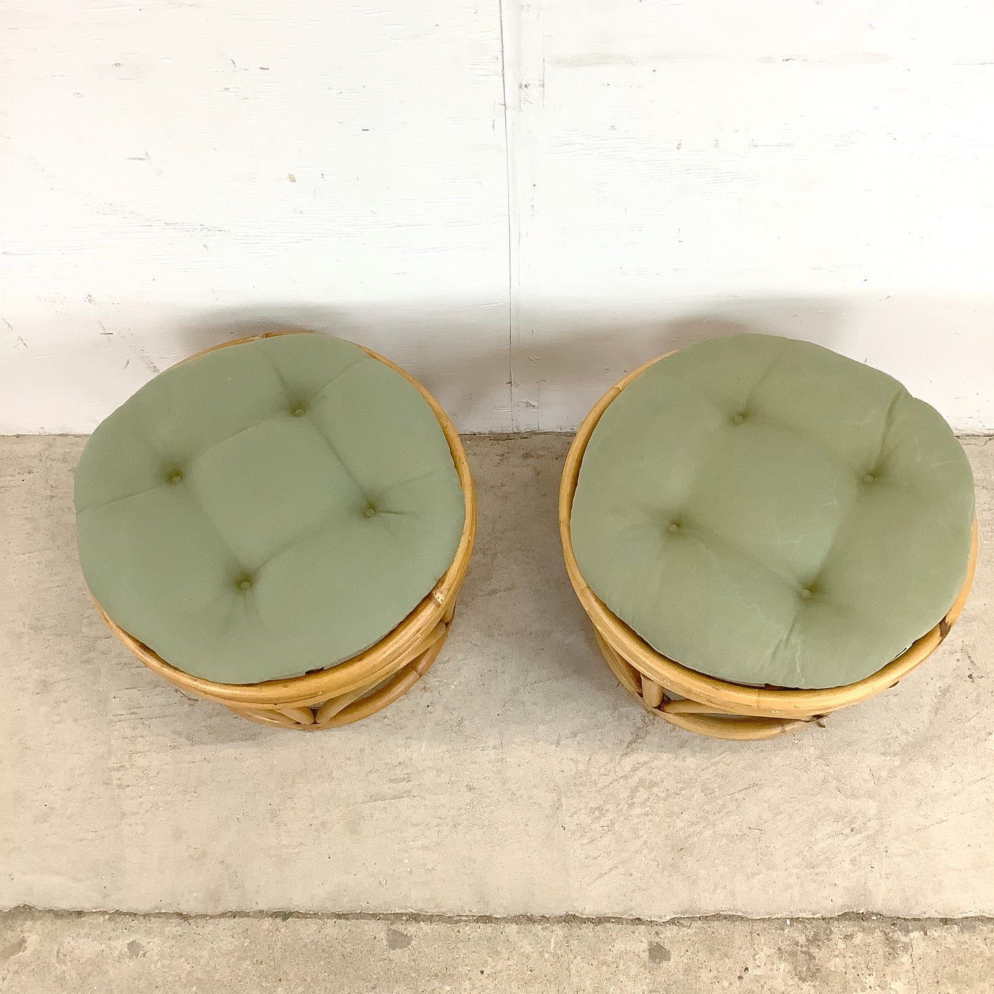 Pair Vintage Boho Rattan Footstools