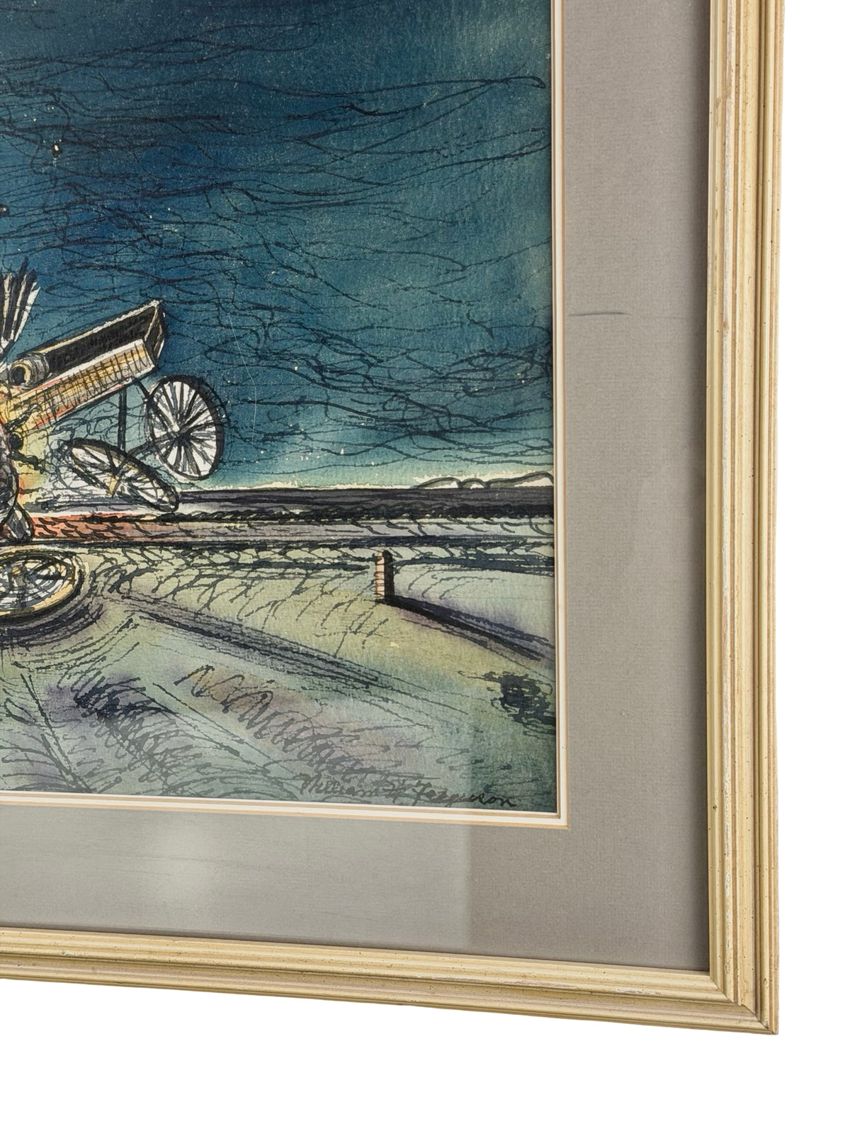 William H. Ferguson Signed Surrealist Carriage Crash Framed Mixed Media Artwork