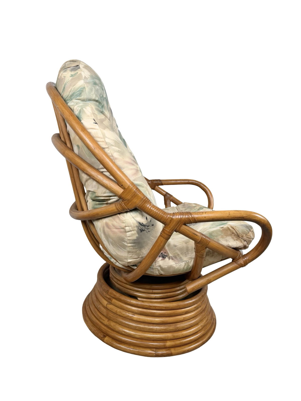 Vintage Rattan Swivel Rocker Lounge Chair with Floral Cushions