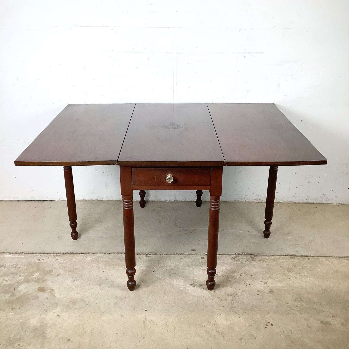 American Empire-Style Walnut Drop-Leaf Gate-Leg Table — Solid Wood, Single Drawer