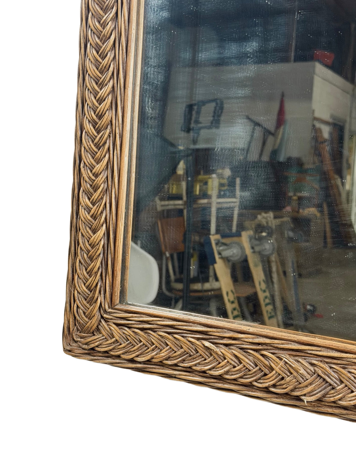 Vintage Arched Wicker Wall Mirror with Basket-Weave Panel and Braided Frame