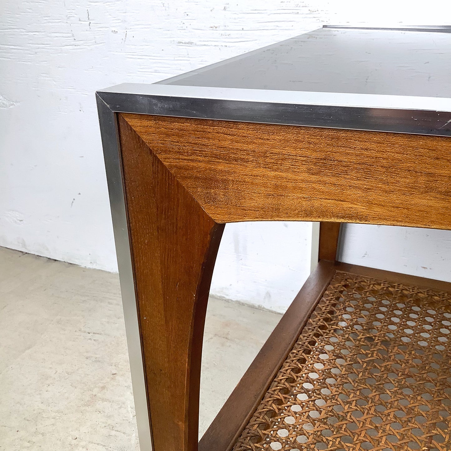 Lane Mid-Century End Table with Smoked Glass, Cane, and Wood Frame