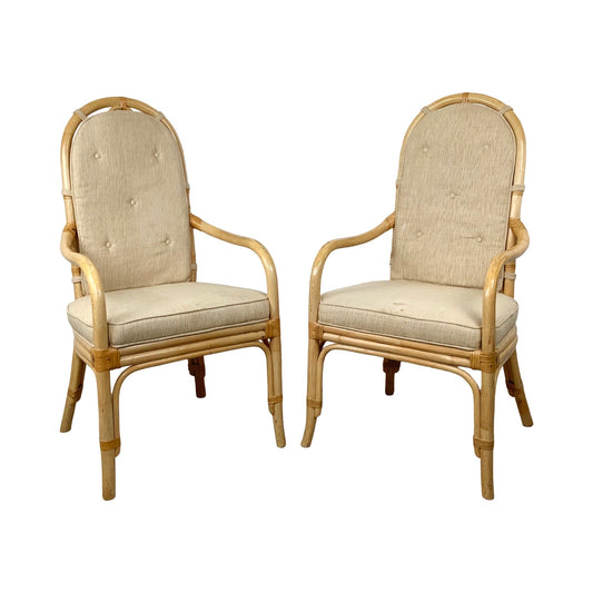 Vintage Henredon Rattan Armchairs, Pair with Cushions, Honey Tone