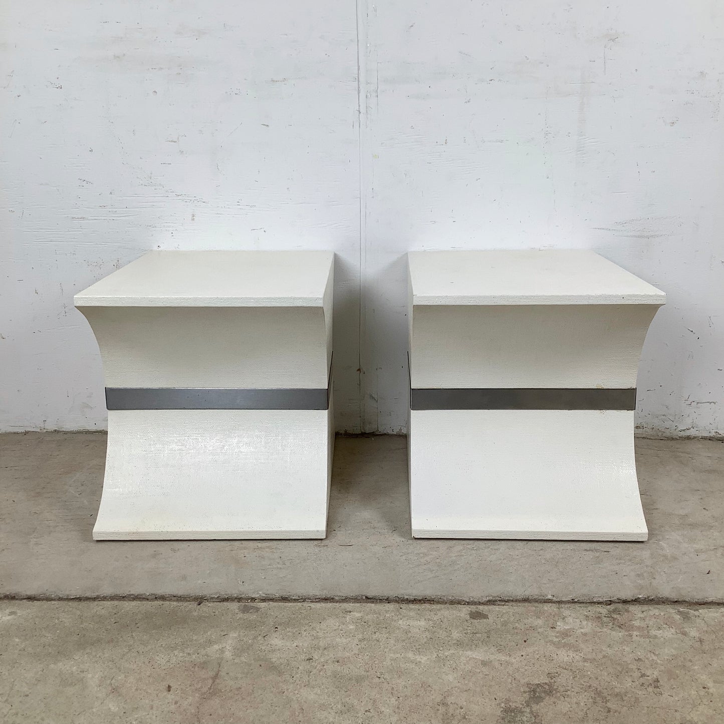 Vintage Grasscloth Hourglass Pedestal Tables, after Karl Springer