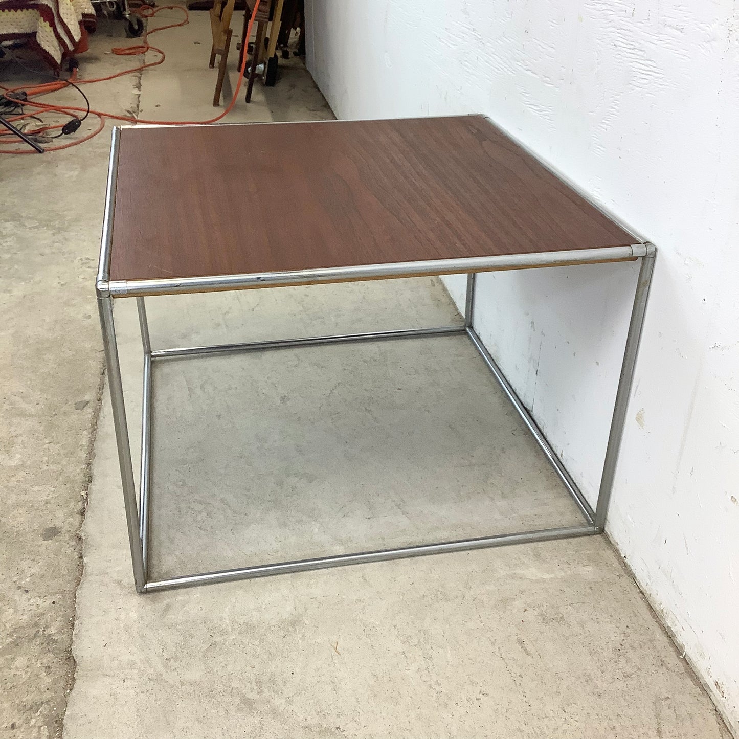 Vintage Chrome Cube Frame Table With Walnut Top