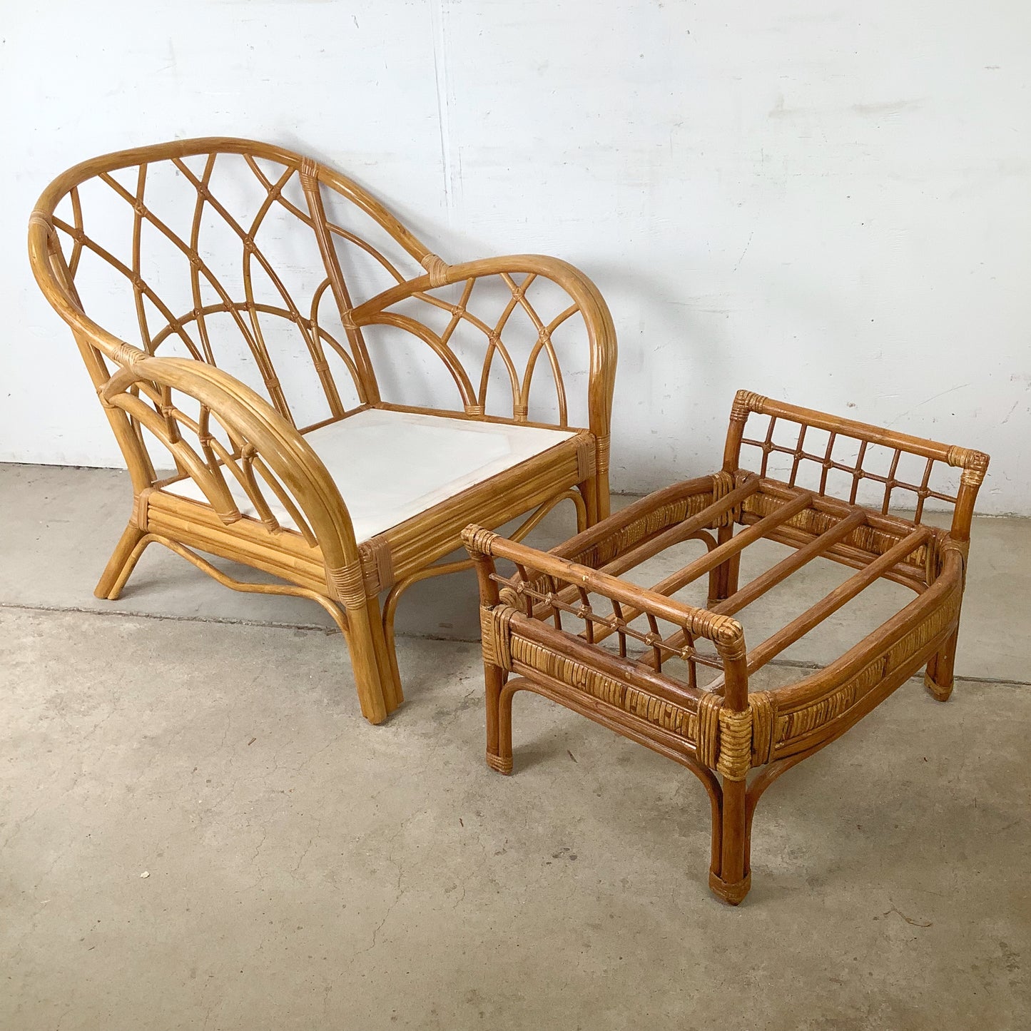 Ficks Reed Style Rattan Lounge Chair and Ottoman | Arched Diamond Lattice Back