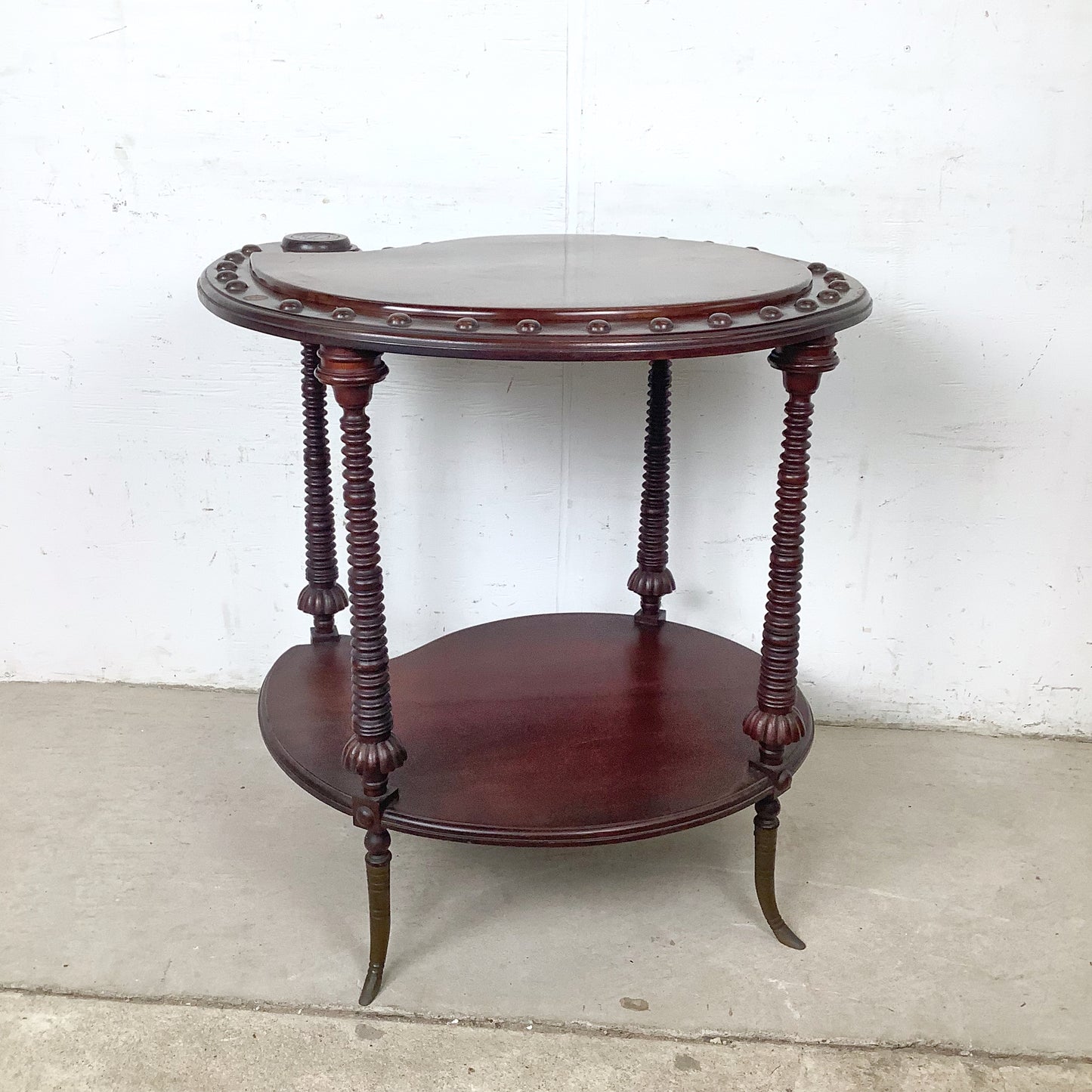 Antique Mahogany Two-Tier Kidney Table | Bobbin Turning | Brass Sabre Feet
