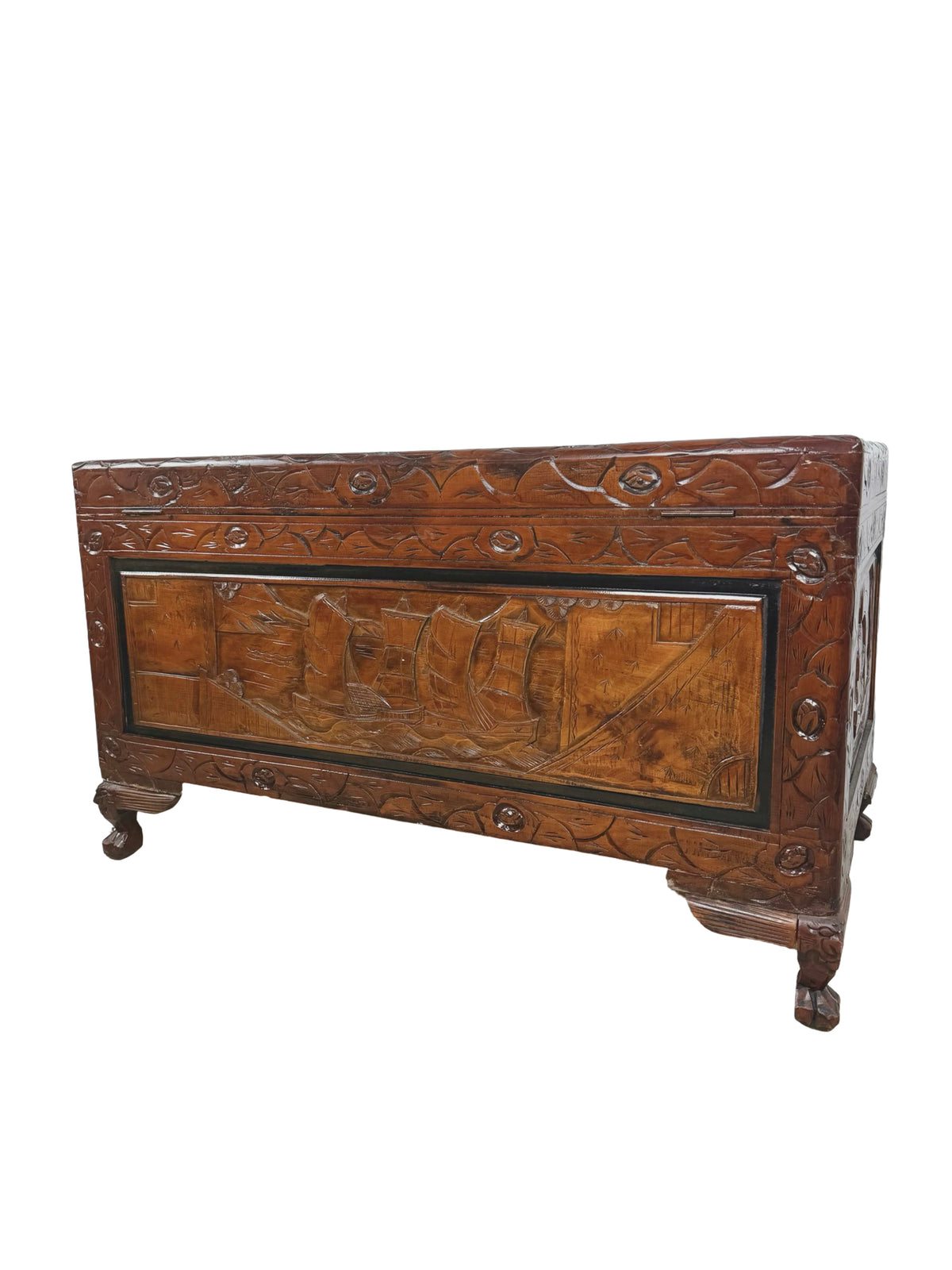 Vintage Asian Carved Wood Storage Chest with Figural Relief Carvings