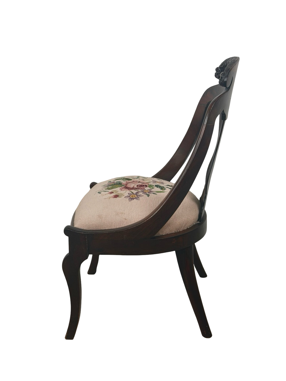 Antique Federal Style Carved Wood Side Chair with Floral Needlepoint Seat