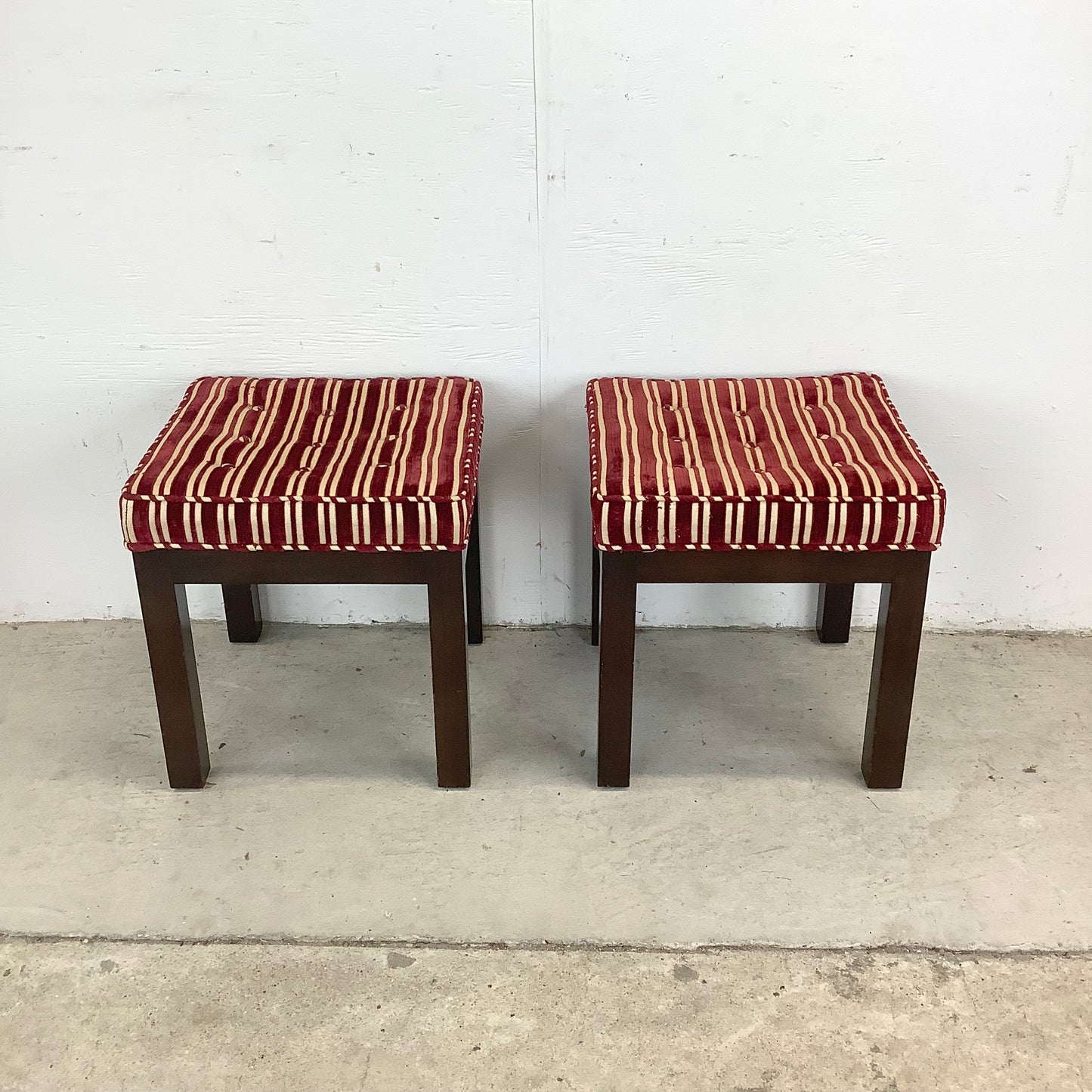 Pair of Vintage Mid-Century Tufted Footstools with Striped Fabric