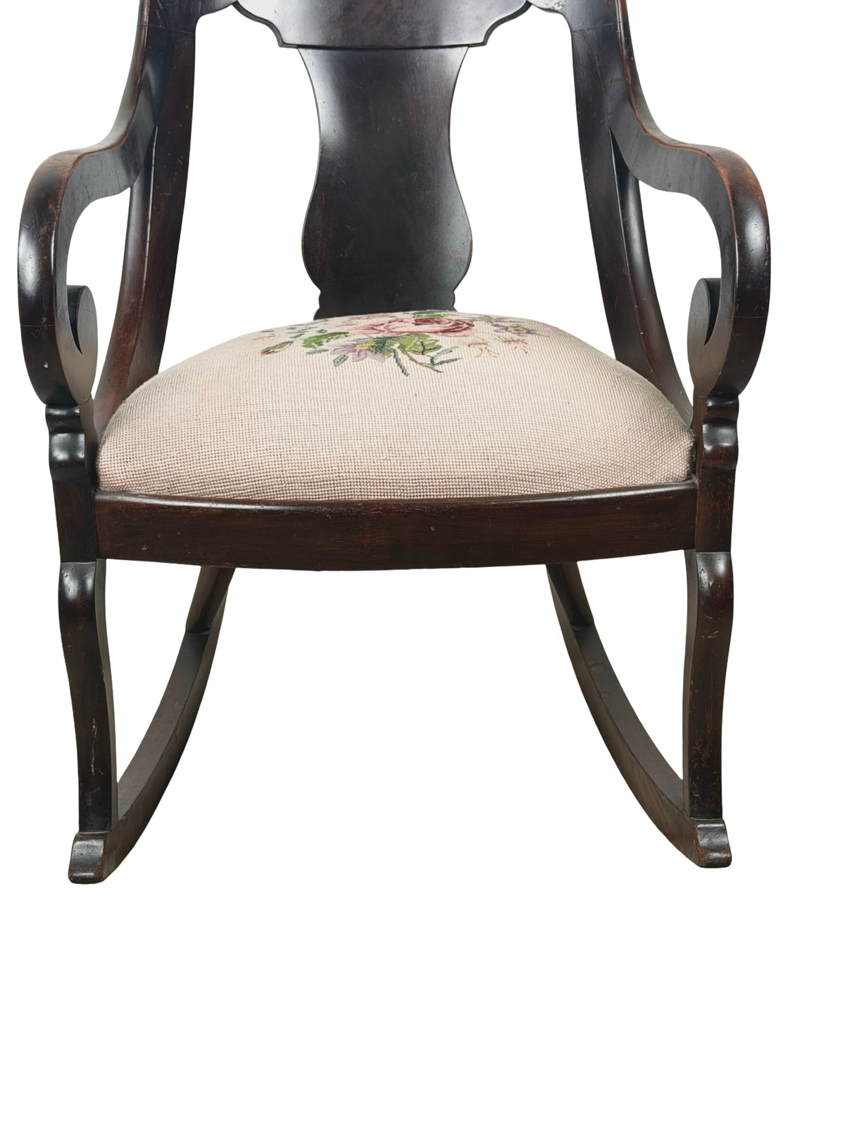 Antique American Classical Carved Wood Rocking Chair with Floral Needlepoint Seat