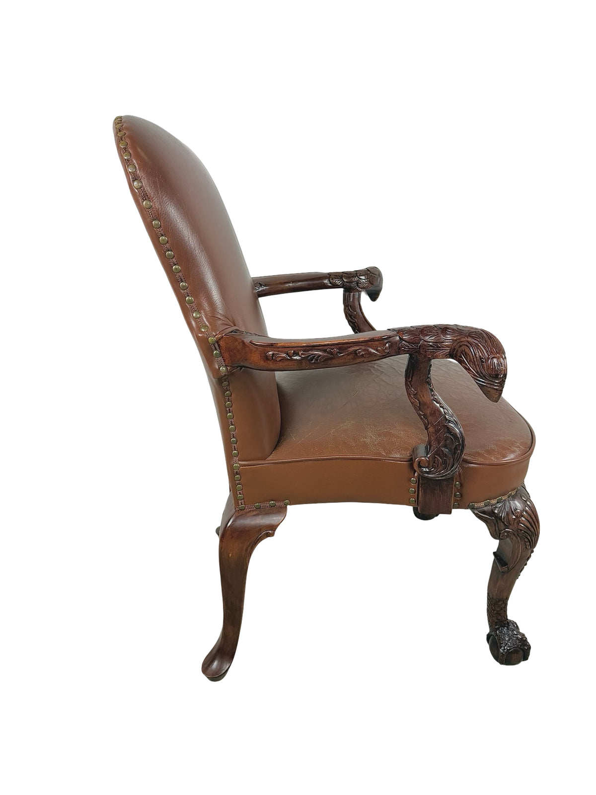 Vintage Maitland-Smith Carved Wood & Brown Leather Armchair