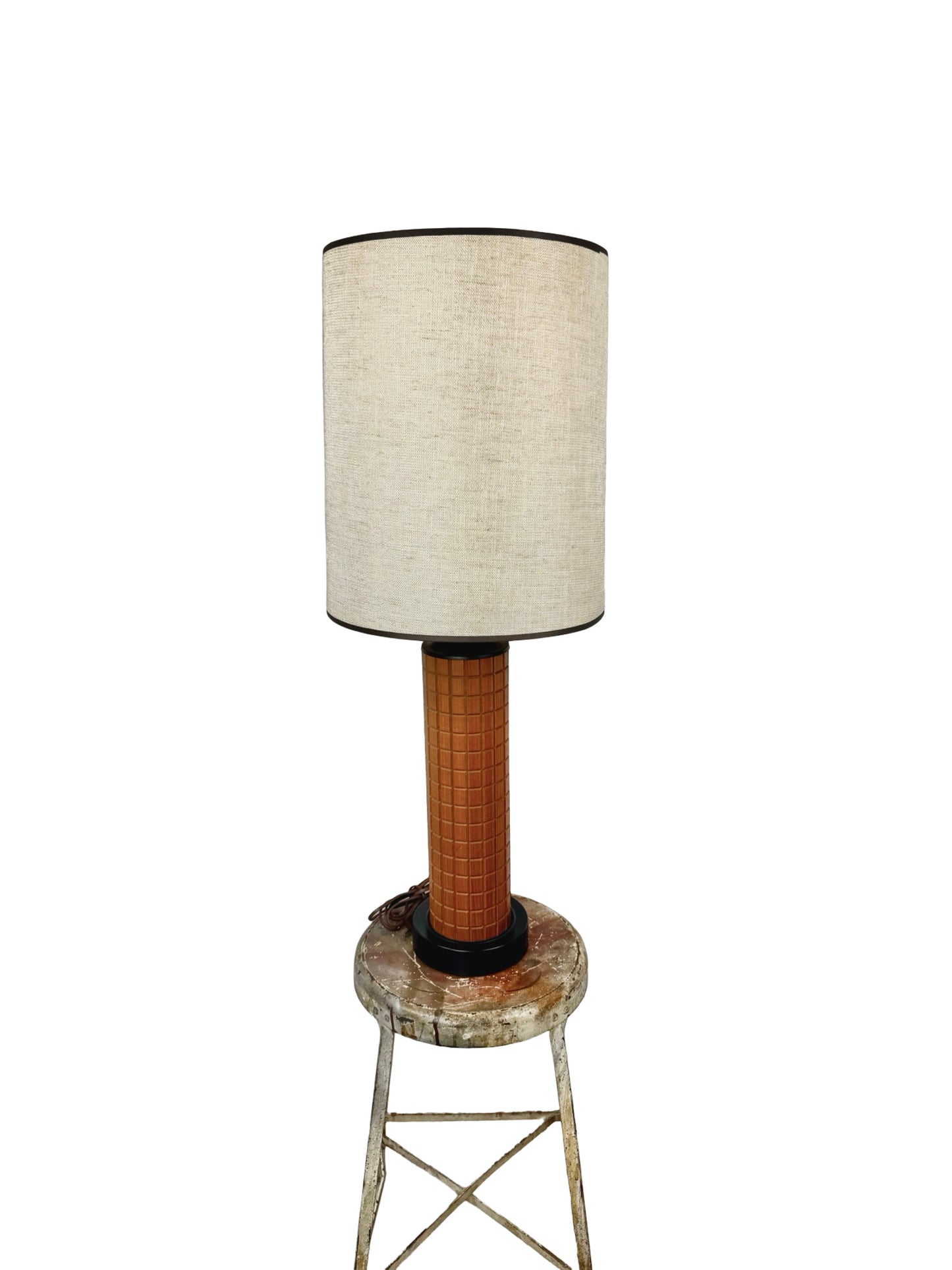 Vintage Mid-Century Modern Geometric Table Lamp with Grid Column Base