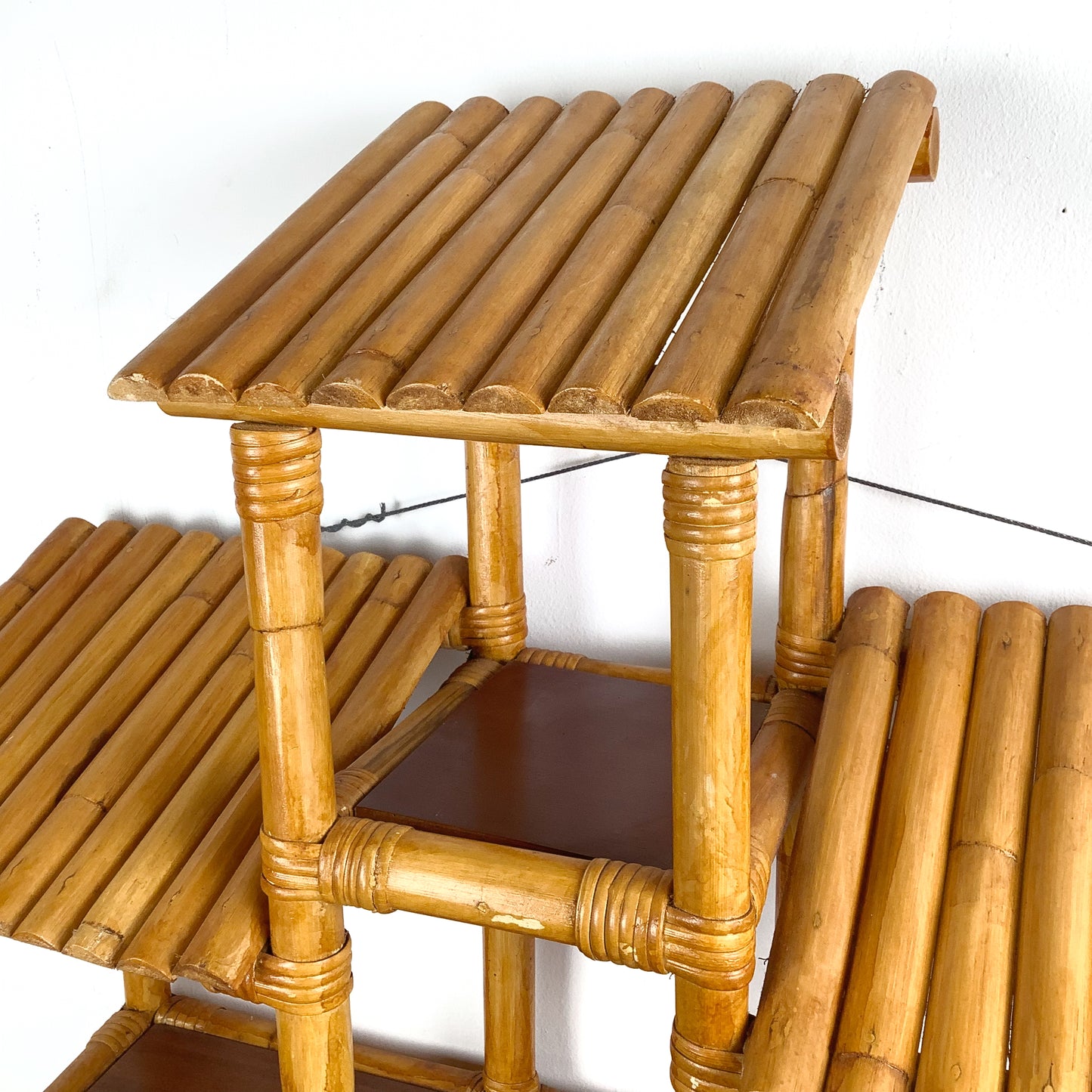 Vintage Bamboo & Rattan Stepped Hanging Wall Shelf | Paul Frankl Skyscraper Style | 1970s Boho Tropical