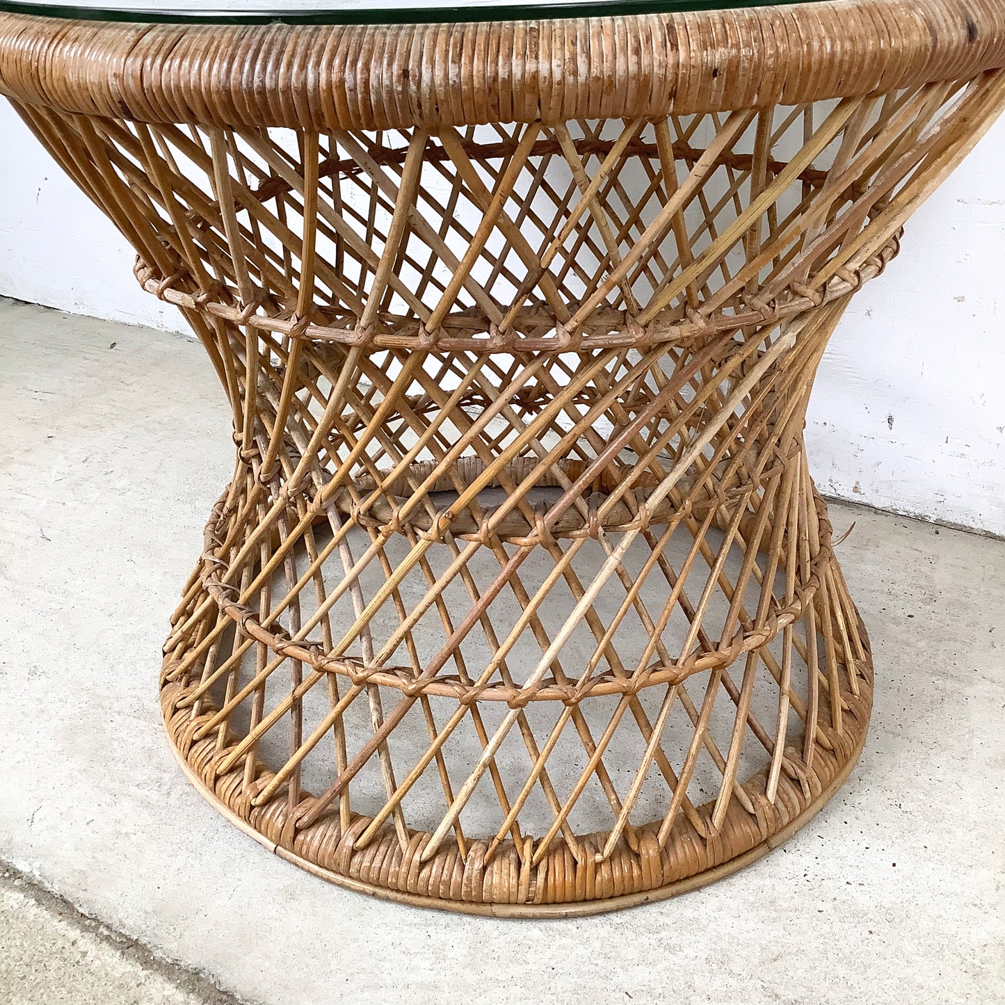 Vintage Wicker Drum Table With Glass Top