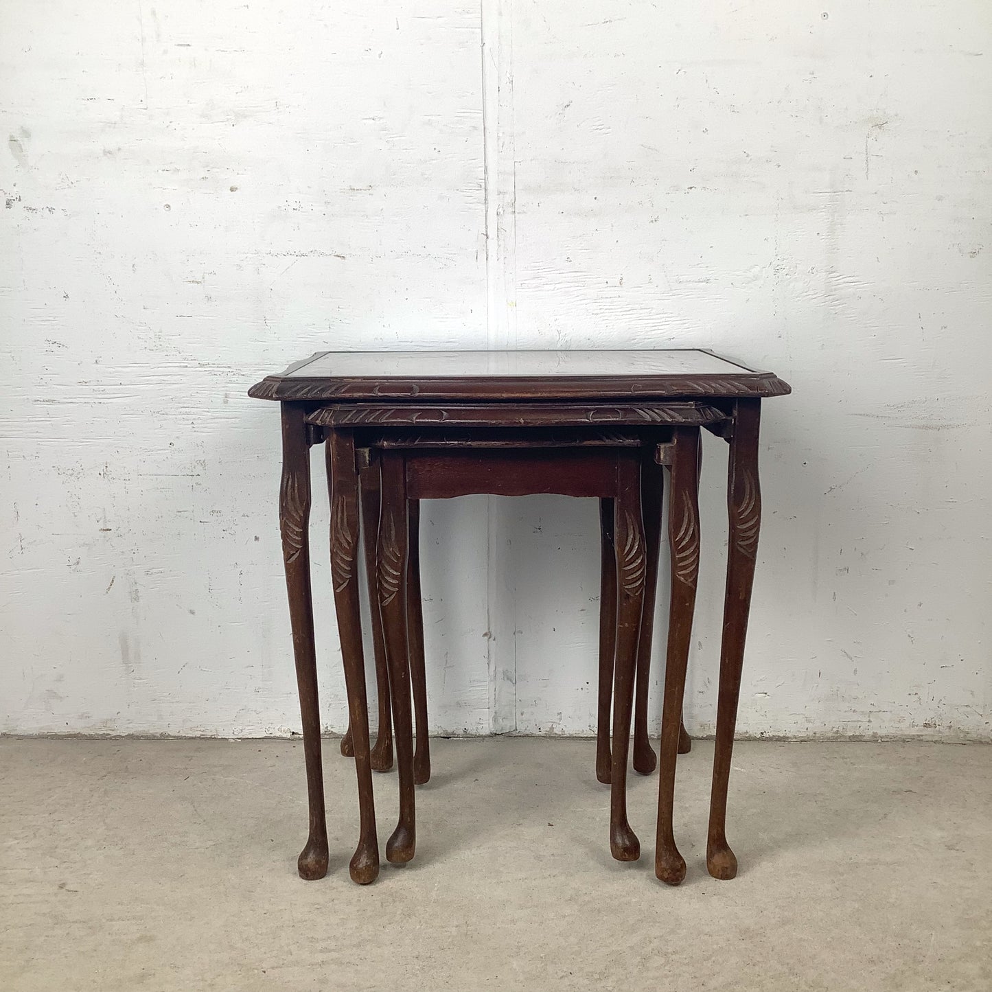 Vintage Queen Anne Style Nesting Tables with Tooled Leather Tops – Set of Three