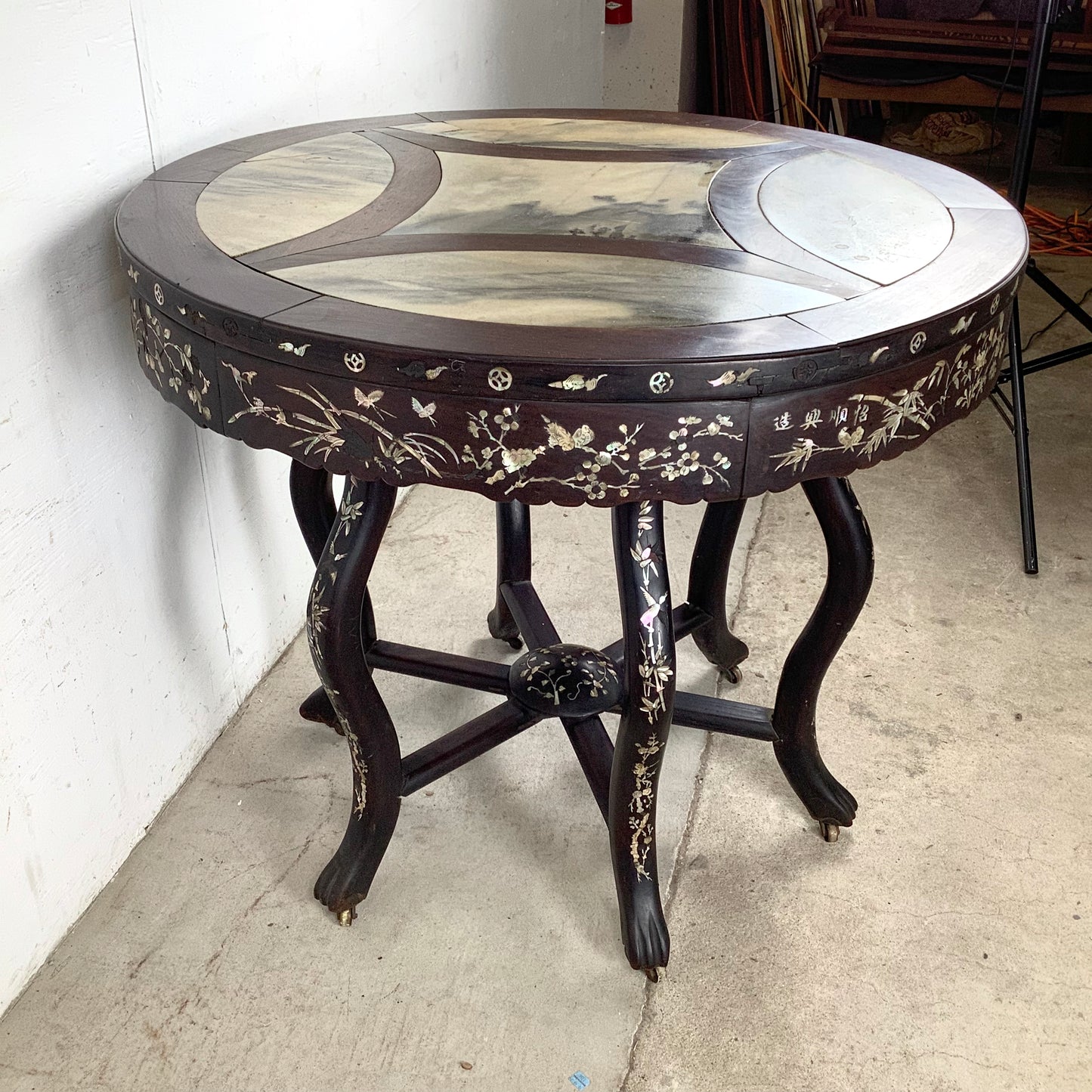 20th Century Chinese Export Center Table Wtih Stone Top and Decorative Inlay