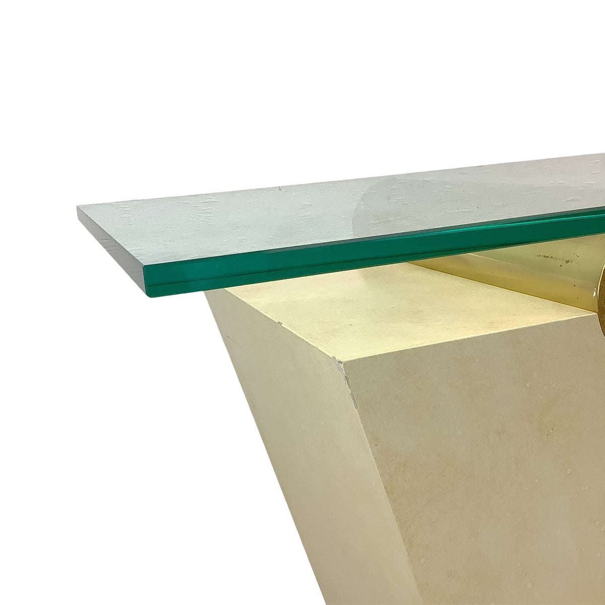 Vintage Modern Parchment-Style Console Table with Glass Top and Brass Accents