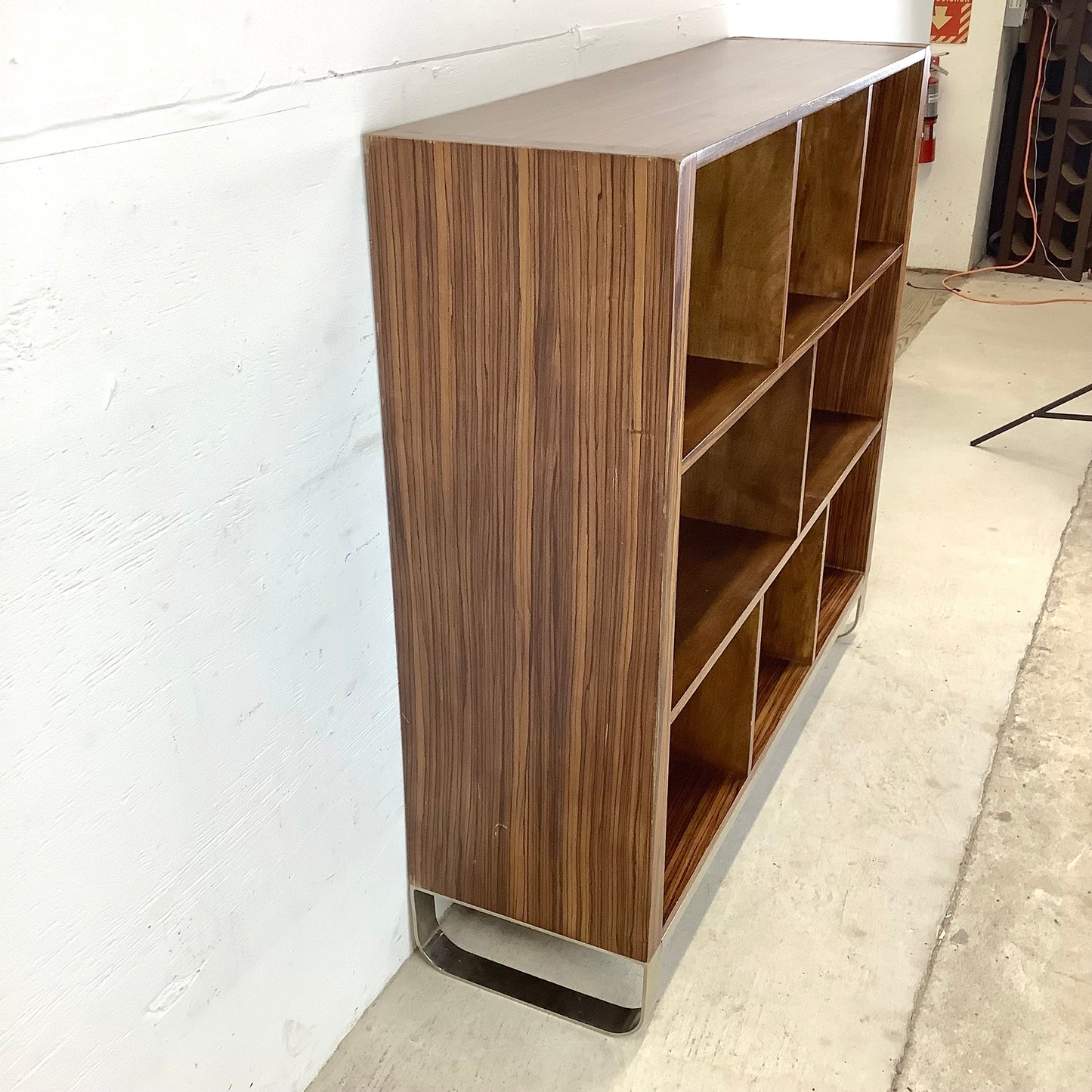 Modern Zebrawood Cube Shelf with Chrome Sled Base