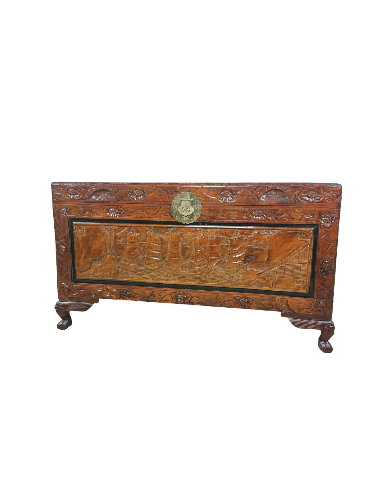 Vintage Asian Carved Wood Storage Chest with Figural Relief Carvings