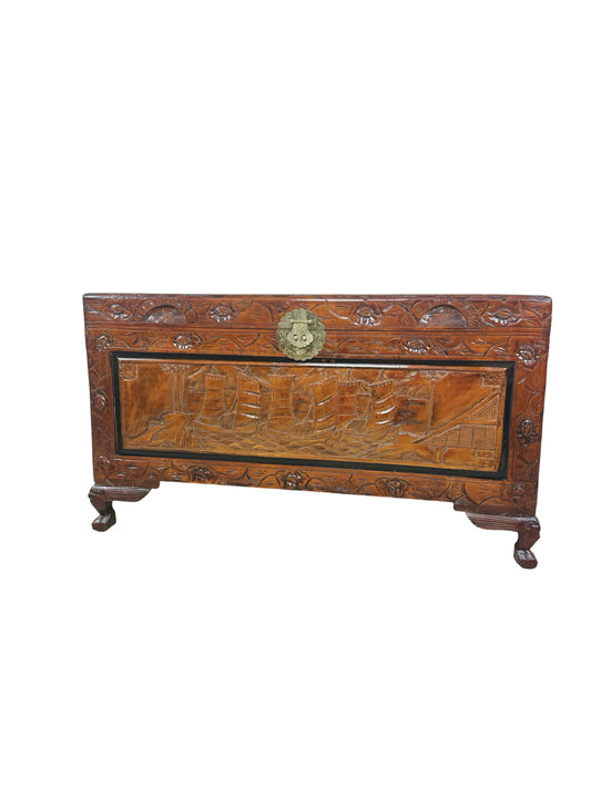Vintage Asian Carved Wood Storage Chest with Figural Relief Carvings