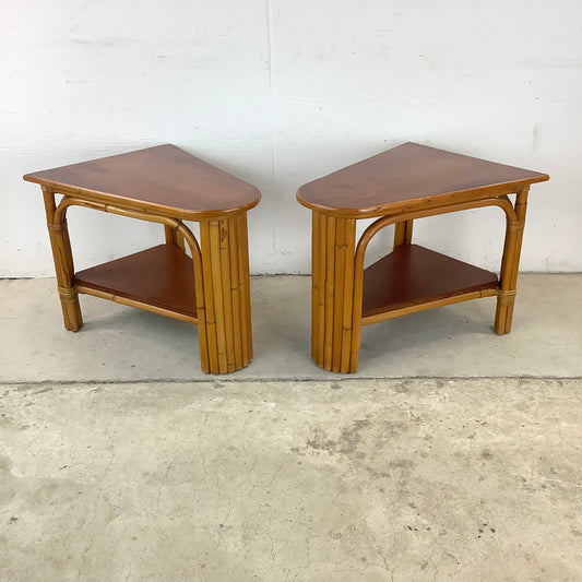 Pair Paul Frankl Style Rattan Wedge End Tables