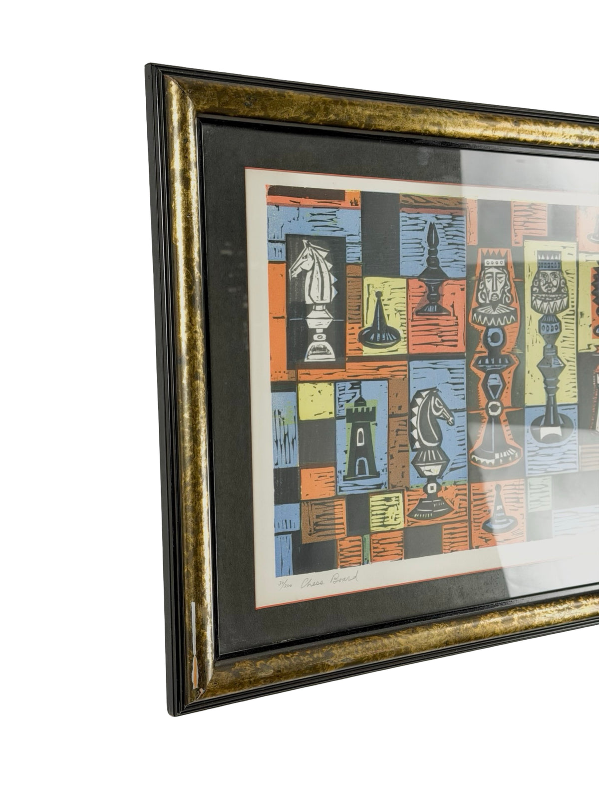 Irving Amen “Chess Board” Signed Mid-Century Modern Color Woodcut