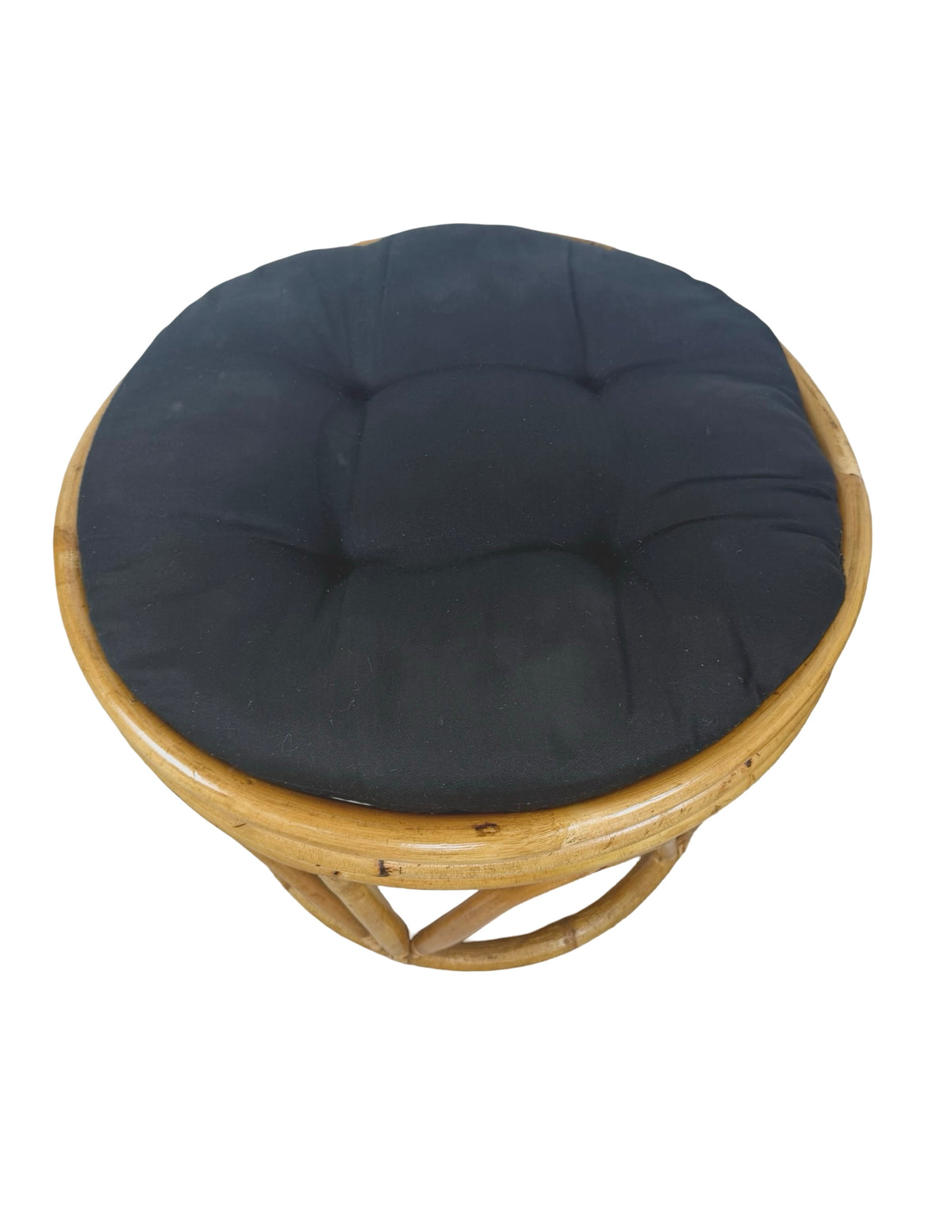 Pair of Vintage Rattan Bamboo Round Ottoman Footstools with Black Cushions, 1970s